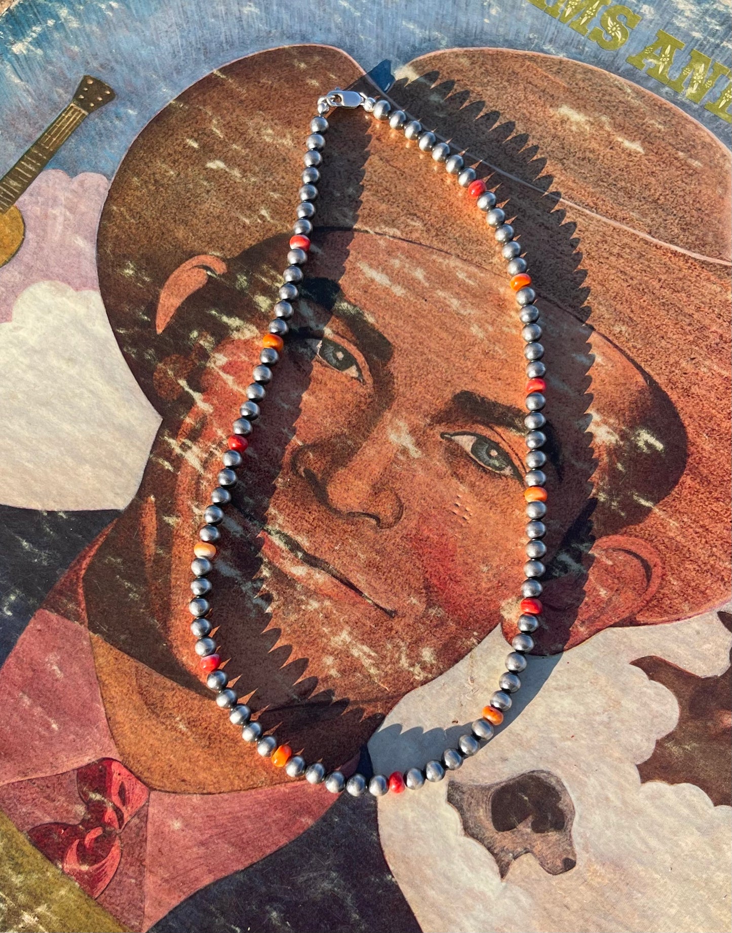 16" 5mm Navajo Pearls w/ Orange & Red Spiny